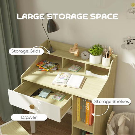 Kids Desk and Chair Set with Storage Shelves, Drawer for 3-10 Years, White