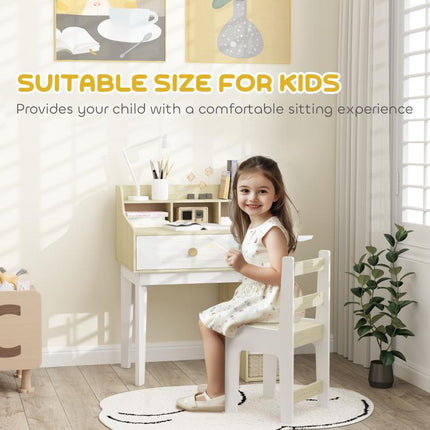 Kids Desk and Chair Set with Storage Shelves, Drawer for 3-10 Years, White