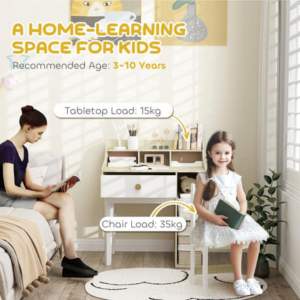 Kids Desk and Chair Set with Storage Shelves, Drawer for 3-10 Years, White