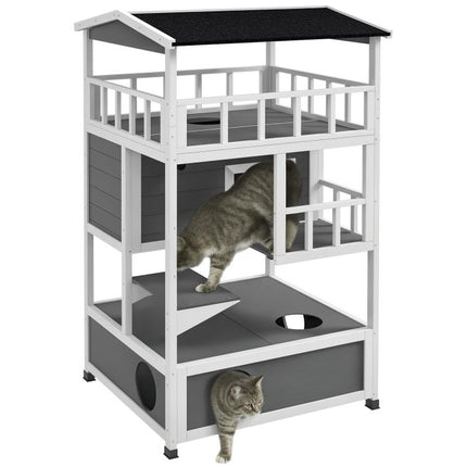 Wooden Outdoor Cat House with Asphalt Roof, Escape Doors, Condo, Jumping Platform, Light Gray