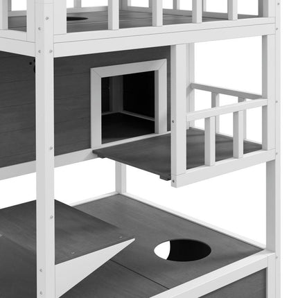 Wooden Outdoor Cat House with Asphalt Roof, Escape Doors, Condo, Jumping Platform, Light Gray
