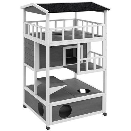 Wooden Outdoor Cat House with Asphalt Roof, Escape Doors, Condo, Jumping Platform, Light Gray