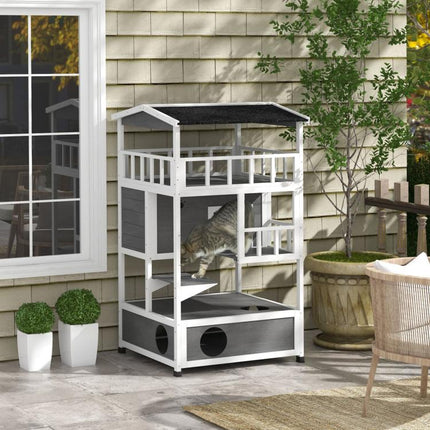 Wooden Outdoor Cat House with Asphalt Roof, Escape Doors, Condo, Jumping Platform, Light Gray