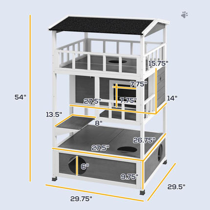 Wooden Outdoor Cat House with Asphalt Roof, Escape Doors, Condo, Jumping Platform, Light Gray