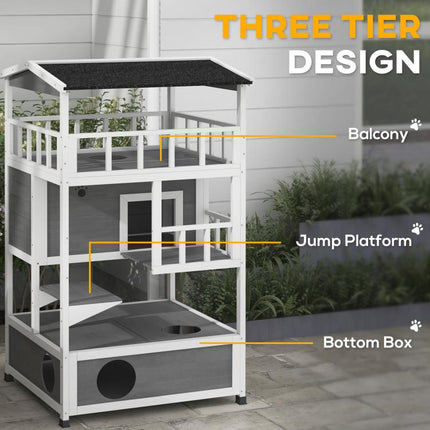 Wooden Outdoor Cat House with Asphalt Roof, Escape Doors, Condo, Jumping Platform, Light Gray