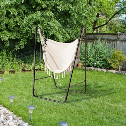 Hammock Chair with U Shape Stand, Hammock Swing Chair with A Side Pocket, Brown & Cream White