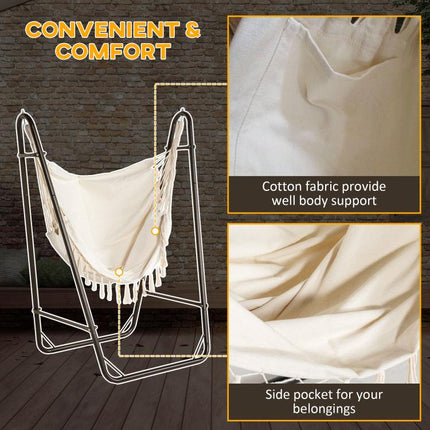 Hammock Chair with U Shape Stand, Hammock Swing Chair with A Side Pocket, Brown & Cream White