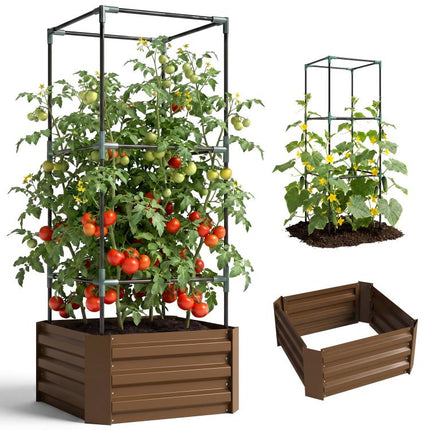 Galvanized Planter Box, 24 inch x 24 inch x 55 inch Raised Garden Bed with Tomato Cage for Climbing Vines, Brown