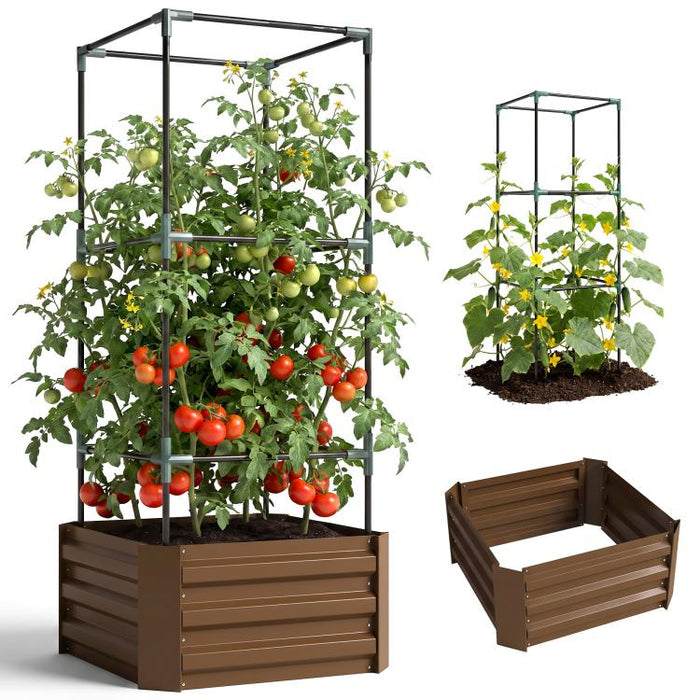 Galvanized Planter Box, 24 inch x 24 inch x 55 inch Raised Garden Bed with Tomato Cage for Climbing Vines, Brown
