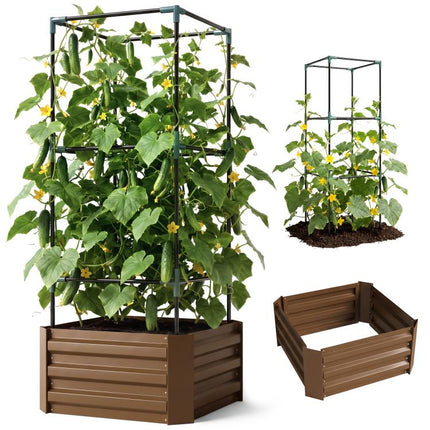 Galvanized Planter Box, 24 inch x 24 inch x 55 inch Raised Garden Bed with Tomato Cage for Climbing Vines, Brown