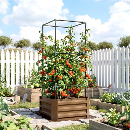Galvanized Planter Box, 24 inch x 24 inch x 55 inch Raised Garden Bed with Tomato Cage for Climbing Vines, Brown