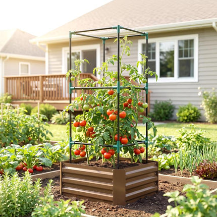 Galvanized Planter Box, 24 inch x 24 inch x 55 inch Raised Garden Bed with Tomato Cage for Climbing Vines, Brown