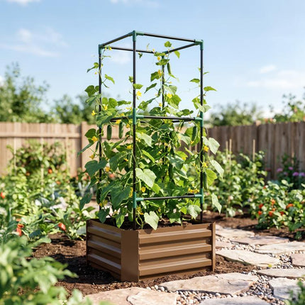 Galvanized Planter Box, 24 inch x 24 inch x 55 inch Raised Garden Bed with Tomato Cage for Climbing Vines, Brown
