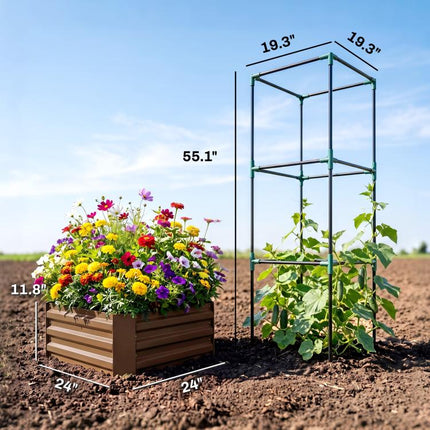 Galvanized Planter Box, 24 inch x 24 inch x 55 inch Raised Garden Bed with Tomato Cage for Climbing Vines, Brown