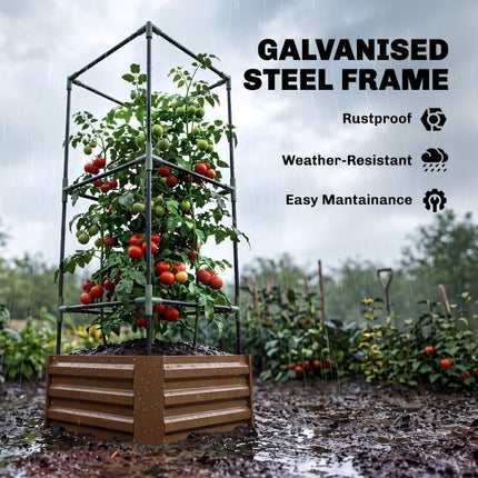 Galvanized Planter Box, 24 inch x 24 inch x 55 inch Raised Garden Bed with Tomato Cage for Climbing Vines, Brown