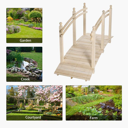 Wooden Arch Garden Bridge, Safety Rails for Backyard Ponds, Creeks, Streams, 7.5 feet , Natural