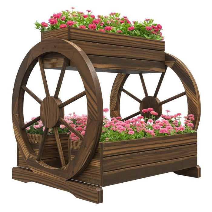 Wooden Wagon Planter Box, 3-Tier Raised Garden Bed, for Vegetables Flowers Herbs, 25 inch x 21 inch x 24 inch