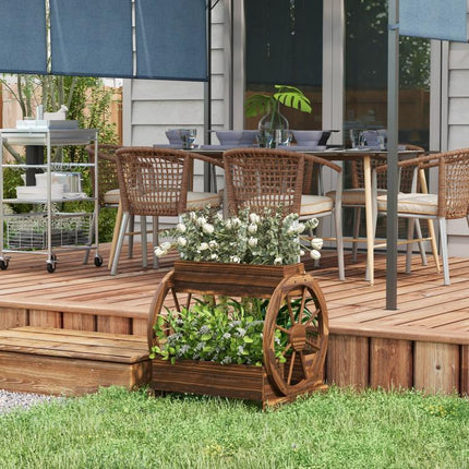 Wooden Wagon Planter Box, 3-Tier Raised Garden Bed, for Vegetables Flowers Herbs, 25 inch x 21 inch x 24 inch
