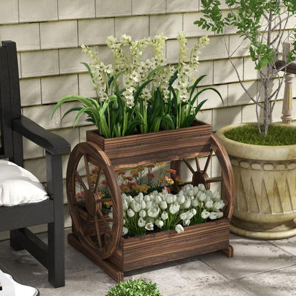 Wooden Wagon Planter Box, 3-Tier Raised Garden Bed, for Vegetables Flowers Herbs, 25 inch x 21 inch x 24 inch