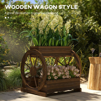 Wooden Wagon Planter Box, 3-Tier Raised Garden Bed, for Vegetables Flowers Herbs, 25 inch x 21 inch x 24 inch