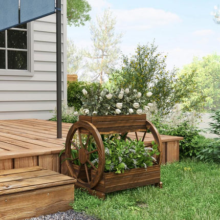 Wooden Wagon Planter Box, 3-Tier Raised Garden Bed, for Vegetables Flowers Herbs, 25 inch x 21 inch x 24 inch