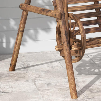 2-Seat Porch Swing with A-Frame Stand, Wooden Log Patio Swing Chair Bench with Wagon Wheel Armrests, Carbonized Brown