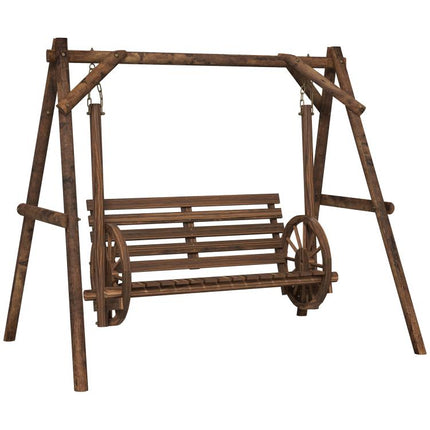 2-Seat Porch Swing with A-Frame Stand, Wooden Log Patio Swing Chair Bench with Wagon Wheel Armrests, Carbonized Brown