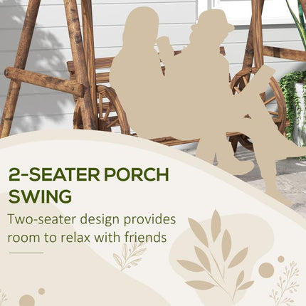 2-Seat Porch Swing with A-Frame Stand, Wooden Log Patio Swing Chair Bench with Wagon Wheel Armrests, Carbonized Brown