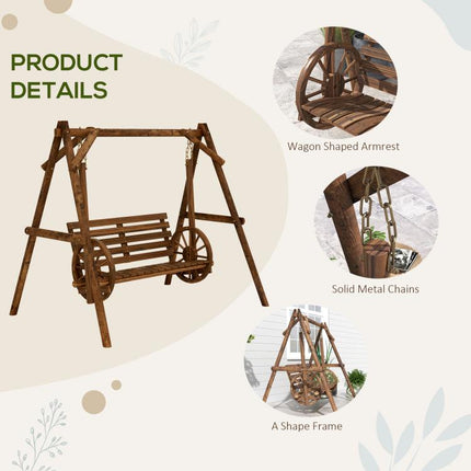 2-Seat Porch Swing with A-Frame Stand, Wooden Log Patio Swing Chair Bench with Wagon Wheel Armrests, Carbonized Brown