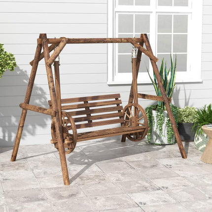 2-Seat Porch Swing with A-Frame Stand, Wooden Log Patio Swing Chair Bench with Wagon Wheel Armrests, Carbonized Brown