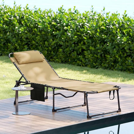 Folding Chaise Tanning Lounge Chair w/ 5-level Reclining Back, Reading Hole, Side Pocket, Headrest, Beige