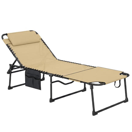 Folding Chaise Tanning Lounge Chair w/ 5-level Reclining Back, Reading Hole, Side Pocket, Headrest, Beige