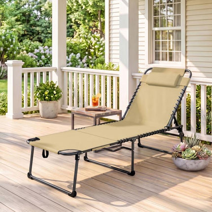 Folding Chaise Tanning Lounge Chair w/ 5-level Reclining Back, Reading Hole, Side Pocket, Headrest, Beige