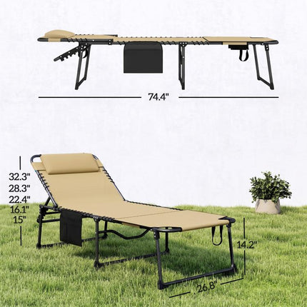 Folding Chaise Tanning Lounge Chair w/ 5-level Reclining Back, Reading Hole, Side Pocket, Headrest, Beige
