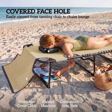 Folding Chaise Tanning Lounge Chair w/ 5-level Reclining Back, Reading Hole, Side Pocket, Headrest, Beige