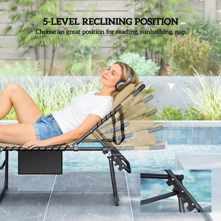 Folding Chaise Tanning Lounge Chair w/ 5-level Reclining Back, Reading Hole, Side Pocket, Headrest, Beige