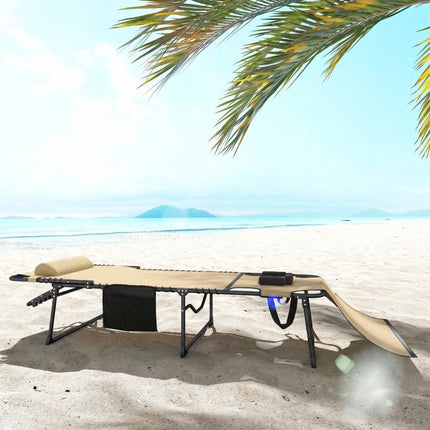 Folding Chaise Tanning Lounge Chair w/ 5-level Reclining Back, Reading Hole, Side Pocket, Headrest, Beige