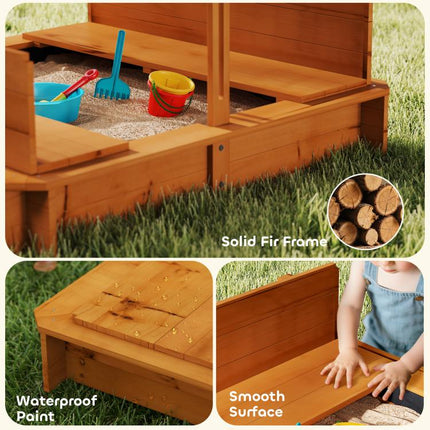 Wooden Kids Sandbox with Cover, Children Outdoor Sand Box with Foldable Bench Seats and Adjustable Canopy, Brown