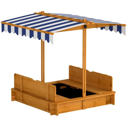 Wooden Kids Sandbox with Cover, Children Outdoor Sand Box with Foldable Bench Seats and Adjustable Canopy, Brown