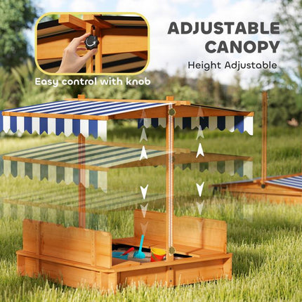 Wooden Kids Sandbox with Cover, Children Outdoor Sand Box with Foldable Bench Seats and Adjustable Canopy, Brown