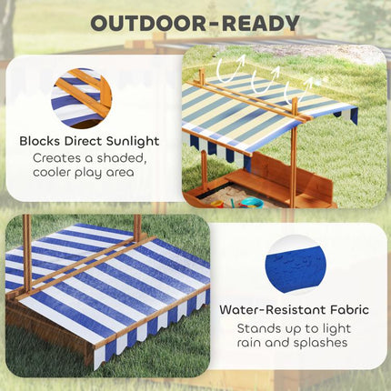 Wooden Kids Sandbox with Cover, Children Outdoor Sand Box with Foldable Bench Seats and Adjustable Canopy, Brown