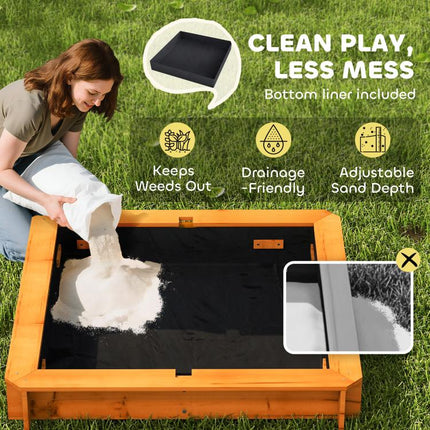Wooden Kids Sandbox with Cover, Children Outdoor Sand Box with Foldable Bench Seats and Adjustable Canopy, Brown