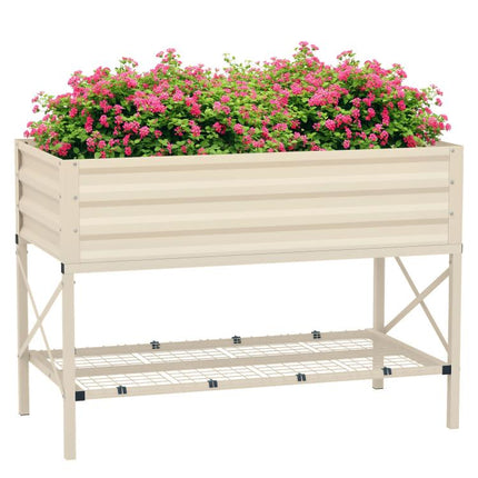 Galvanized Raised Garden Bed, Metal Planter Box with Legs, Storage Shelf and Bed Liner, Cream