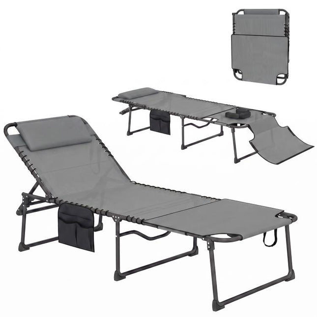 Folding Chaise Tanning Lounge Chair w/ 5-level Reclining Back, Reading Hole, Side Pocket, Headrest, Gray