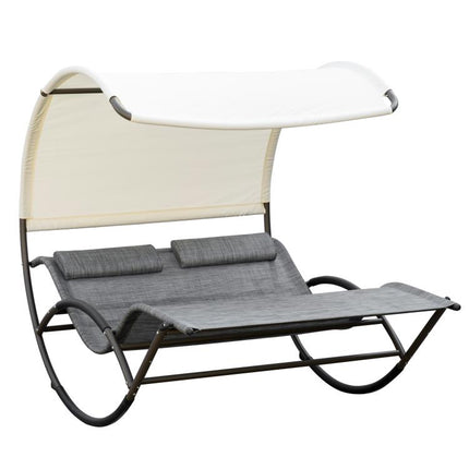 Outdoor Double Chaise Rocking Chair, Day Bed Sun Lounger with Canopy Shade, Headrest Pillow, Armrests for Garden, Poolside, Light Gray