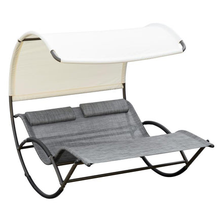 Outdoor Double Chaise Rocking Chair, Day Bed Sun Lounger with Canopy Shade, Headrest Pillow, Armrests for Garden, Poolside, Light Gray