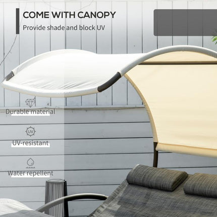 Outdoor Double Chaise Rocking Chair, Day Bed Sun Lounger with Canopy Shade, Headrest Pillow, Armrests for Garden, Poolside, Light Gray