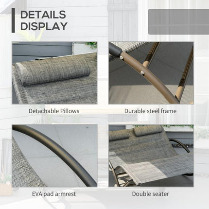 Outdoor Double Chaise Rocking Chair, Day Bed Sun Lounger with Canopy Shade, Headrest Pillow, Armrests for Garden, Poolside, Light Gray