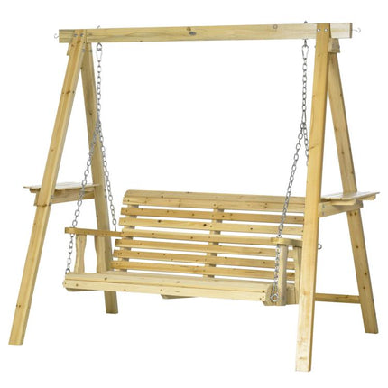 2-Seat orch Swing with Stand, Wooden Patio Swing Chair with Side Tables and Metal Chains, Outdoor Hanging Bench
