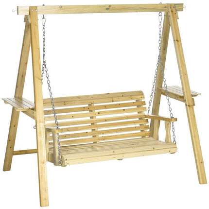 2-Seat orch Swing with Stand, Wooden Patio Swing Chair with Side Tables and Metal Chains, Outdoor Hanging Bench